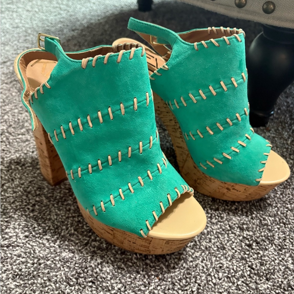 Kelsi Dagger Turquoise Suede and cork block heels
